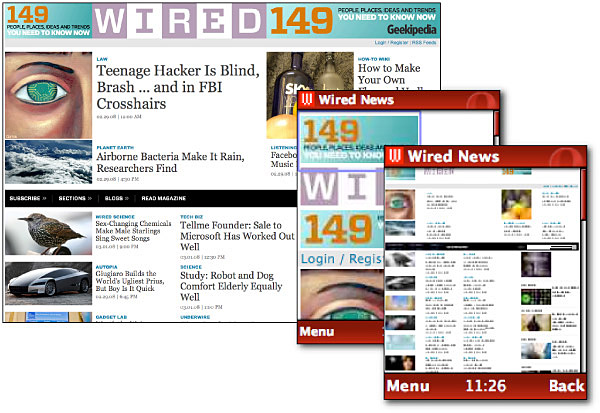 A three-part figure that shows a page from the Wired site, as shown on a computer screen, and as seen on several mobile devices. The mobile device displays are partial and confusing because the page is not designed to adapt to small screens.