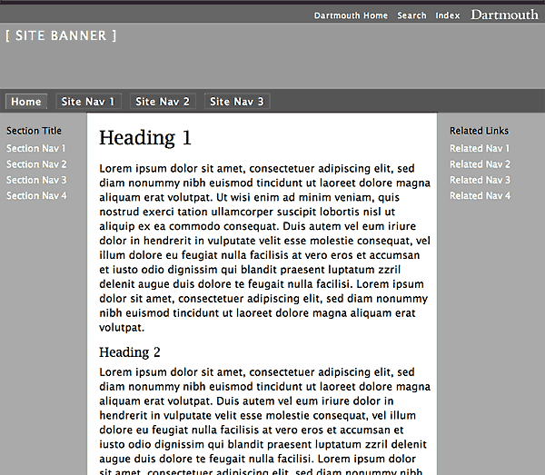 A basic web page wireframe, showing the major header, vertical columns, and footer areas.