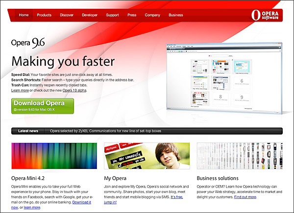 Screen capture of the home page for the Opera web browser site.