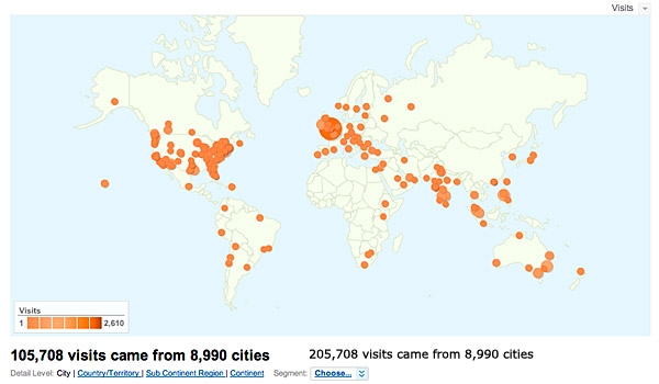 A screen capture from Google Analytics, showing a world map with cities highlighted in proportion to the number of site visitors from those areas.
