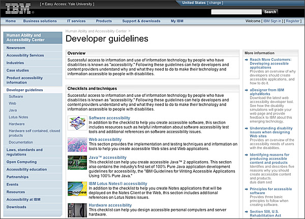 Page from the IBM site, showing extensive heirarchical list navigation links in the left column of the page.
