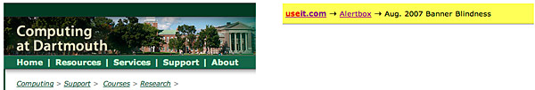 A two-part figure, showing header breadcrumb trails in the Dartmouth College web site, and in the header of the useit.com web site.