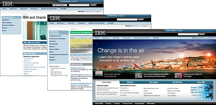 Three example pages from IBM's web site, illustrating the consistent design standards across many corporate sites and content areas.