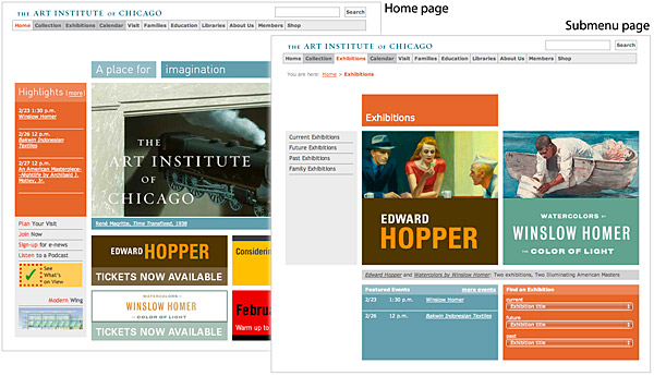 Two screens from the Art Institute of Chicago site, showign the home page, and a special Exhibits page.