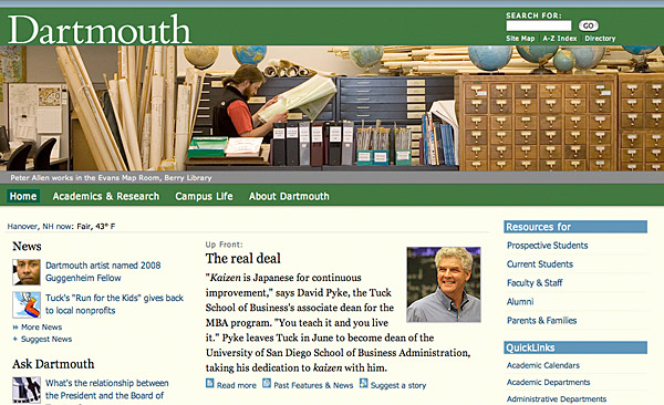 The Dartmouth College home page.
