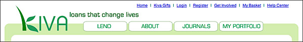 A page header from the Kiva site, showing the explanatory tag line 'loans that save lives.'
