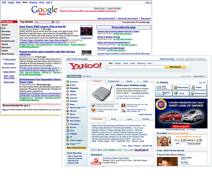 Two screen shots of very complex news pages: Google News, and a Yahoo technical news page.