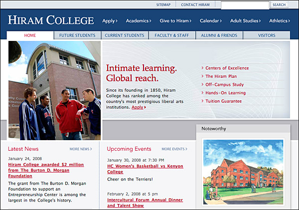 The Hiram College home page.