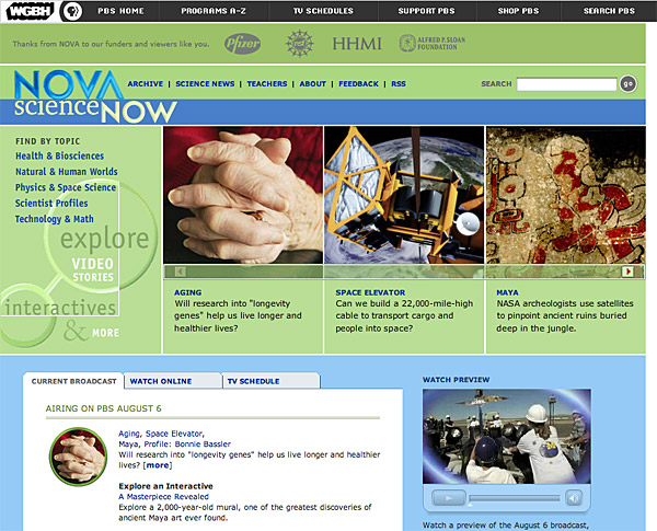 The NOVA web site, which incorporates many small images tied to article and features.