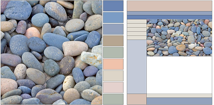 A two-part figure. The left showing a photograph of colored stones on a California beach with various colors from the photo picked out and made into a visually harmonious set of color swatches alongside the photo. To the right is a diagrammed web page using the same colors from the swatches at left, and also incorporating the beach photograph as part of the content of the page.