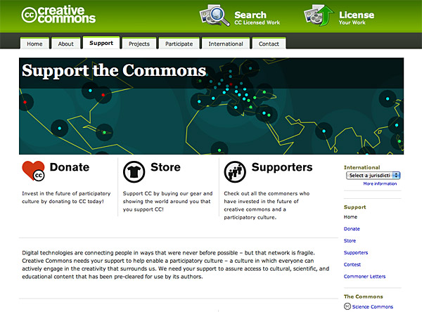 Home page screen from the Creative Commons web site, showing the distinctive page header used for site identity and global navigation.
