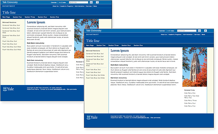 Two examples of web page templates from Yale University; the left a fixed layout, the right a 'liquid' version of the same basic template.