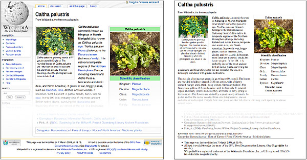 Two renderings of the same Wikipedia page, showing that the screen version of the page strips away most header and navigation elements, and leaves only the main page content.