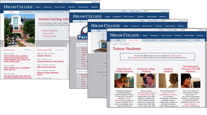 The home page and three internal pages from the Hiram College web site, illustrating very consistent navigation and site identity across the whole Hiram web site.