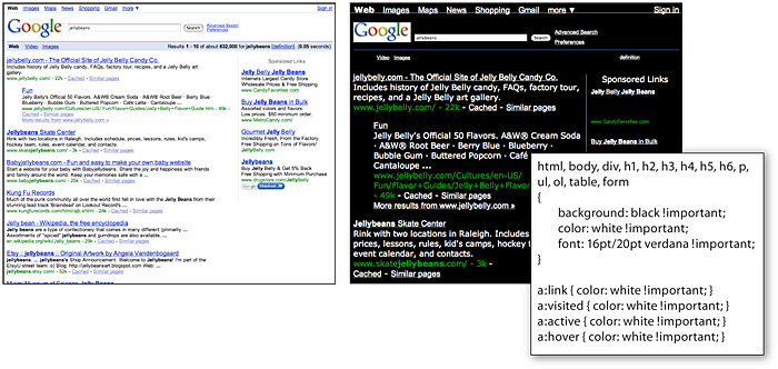 Two views of the same Google search results page, at left a normal view; on the right a view with a user style sheet that shows white text on a black background, which some low vision users find helpful for legibility.