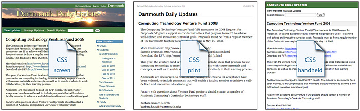 Three views of the same Dartmouth web page, in screen view, as printed, and on a small mobile browser screen.