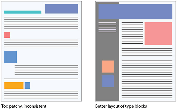 Two web pages in diagrammatic form; left is a page with a very patchy, confusing layout; right is a page with a more more orderly layout and design contrast.