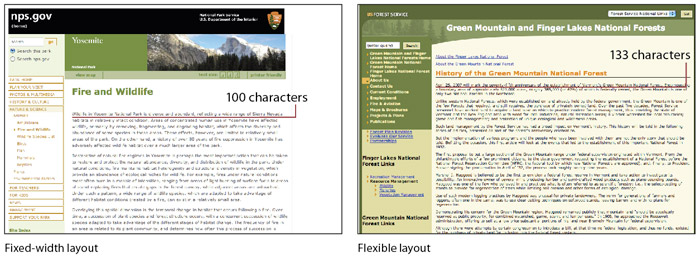 Two U.S. National Park Service pages, one with a fixed-width layout, and one with a lquid layout that stretches to fill the reader's screen.