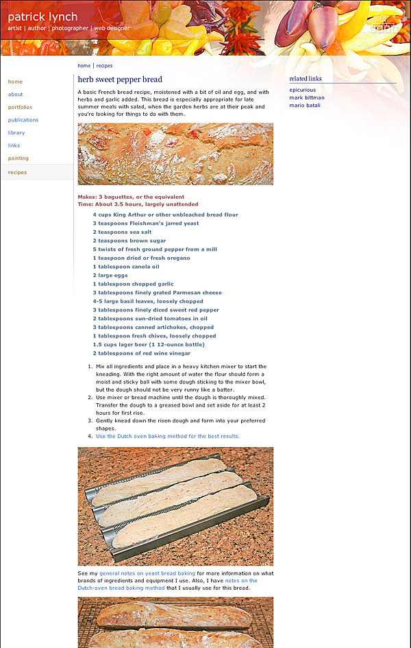 Web page showing a bread recipe, subdivided into description, ingredients, process steps, and notes on baking.