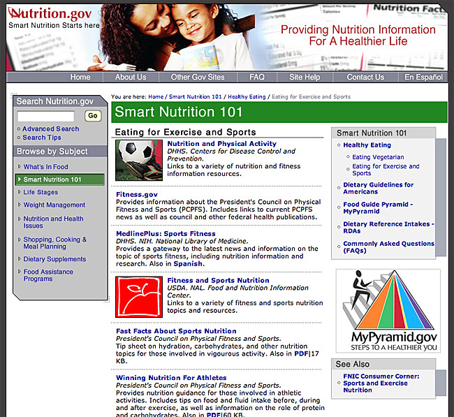 Web page with many links, from Nutrition.gov