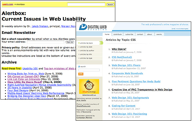 Two web page examples of link colors, at left with traditional browser colors, from useit.com, and on the right showing custom link colors matching the site graphic design, at Digital Web Magazine.